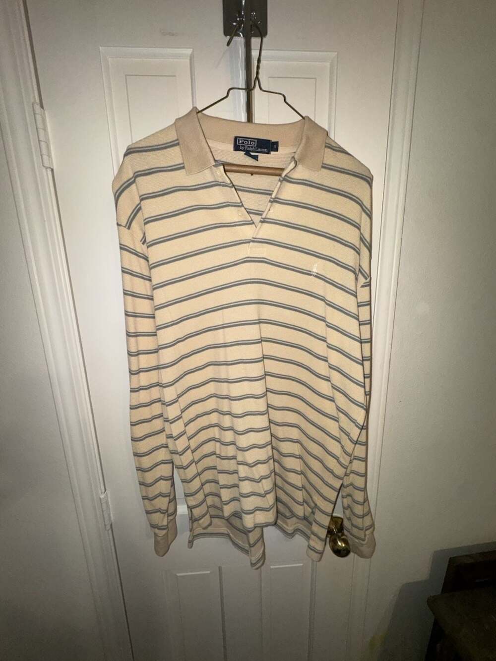 Polo by Ralph Lauren Striped Long Sleeve Thermal Polo Shirt Beige Men's Medium